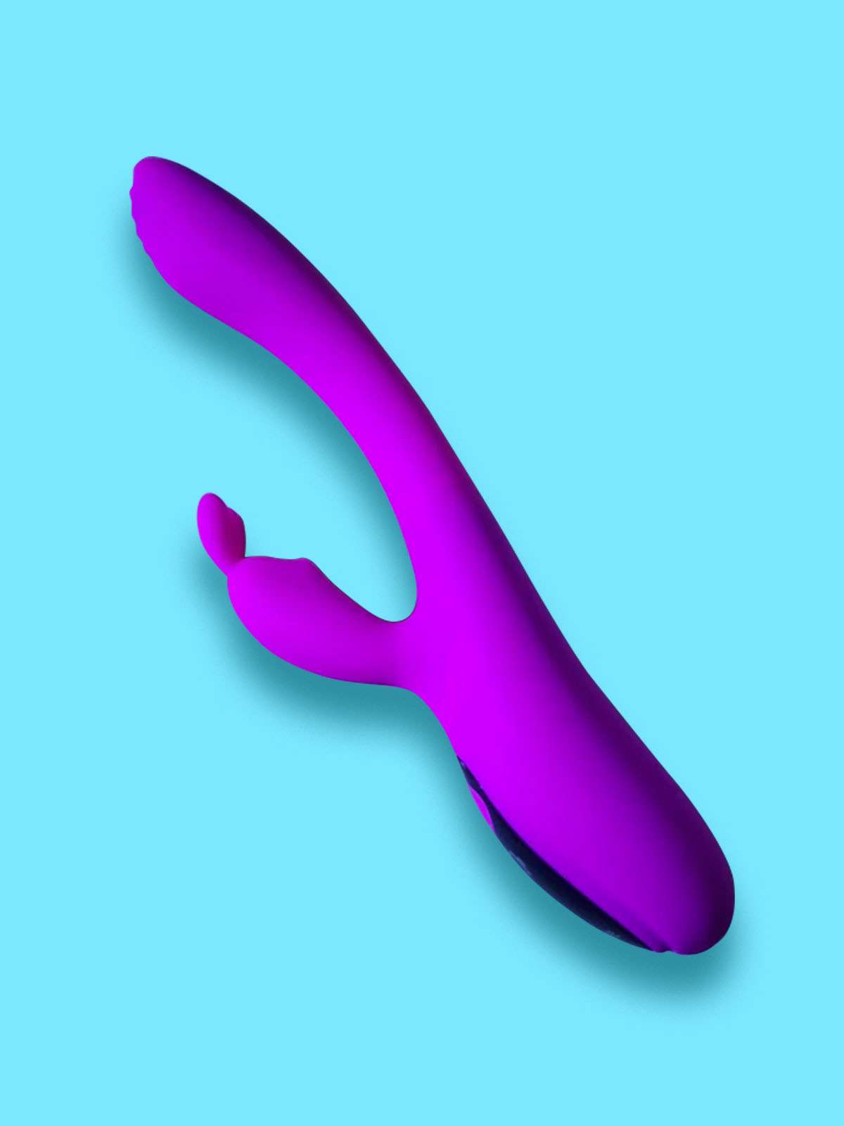 Product shot of a vibrant purple dual-stimulation silicone vibrator with a rabbit-ear attachment on a bright blue background.
