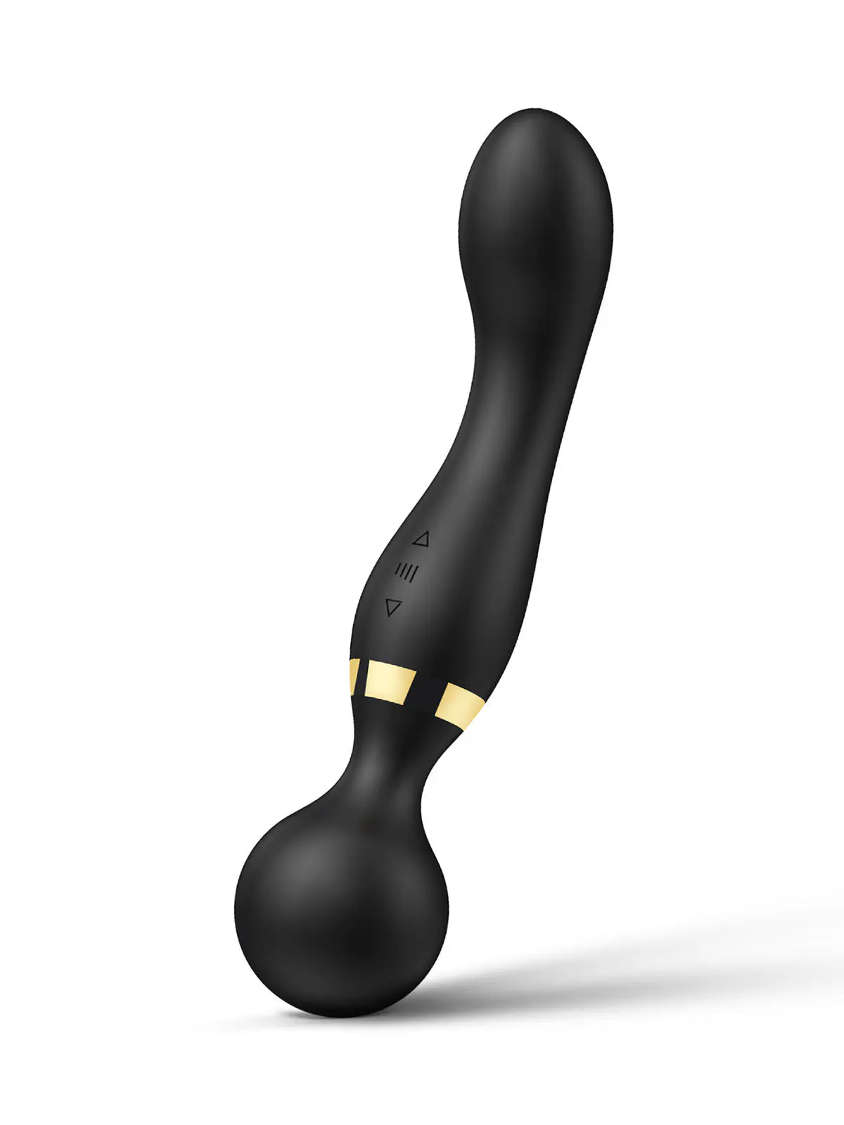 Black curved silicone G-spot vibrator with ergonomic handle and control buttons on clean background