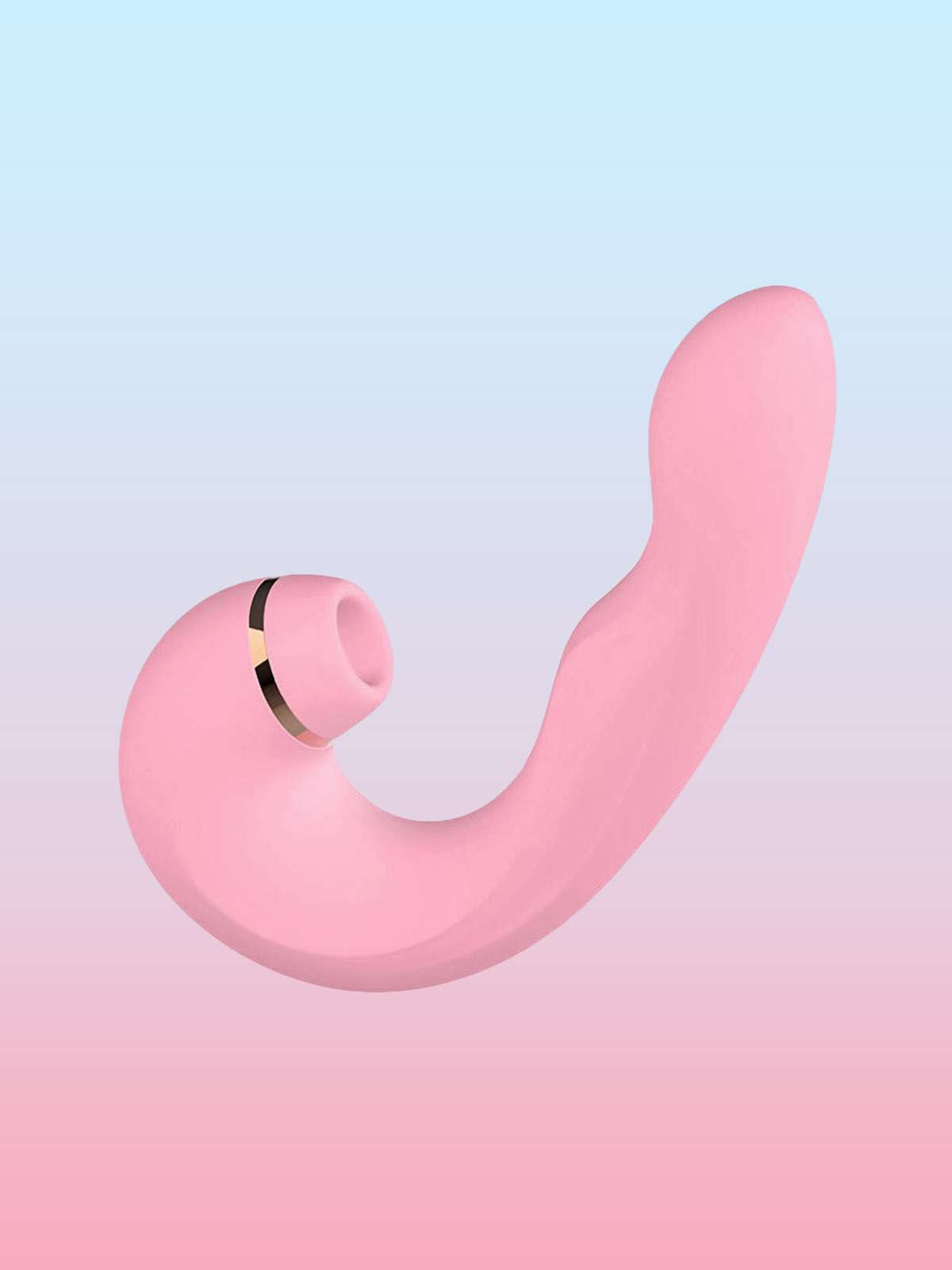 Pink 3-in-1 vibrator with dual vibration points and clitoral suction head on gradient background