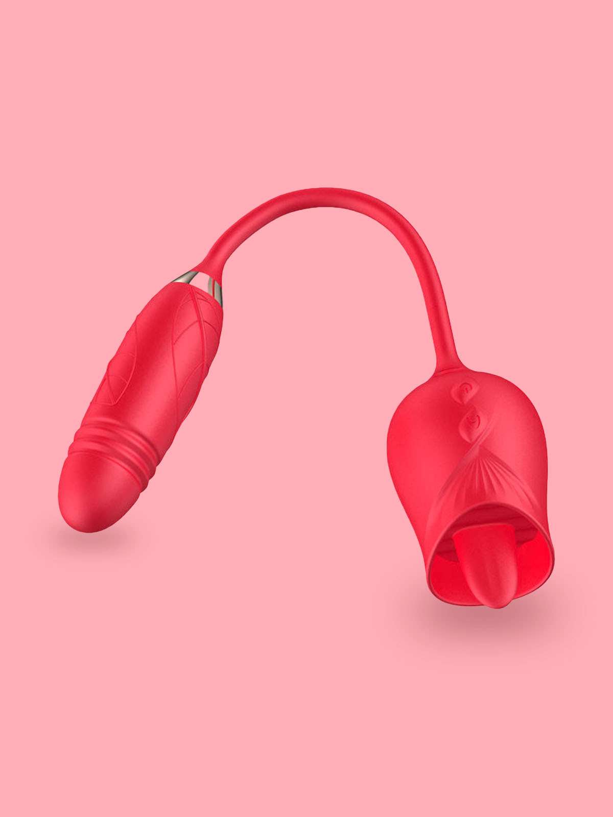 Dual-ended pink silicone sex toy: one side is a flexible wand with a textured tip, connected by a flexible stem to a rose-bud shaped head containing a prominent stimulator tongue.