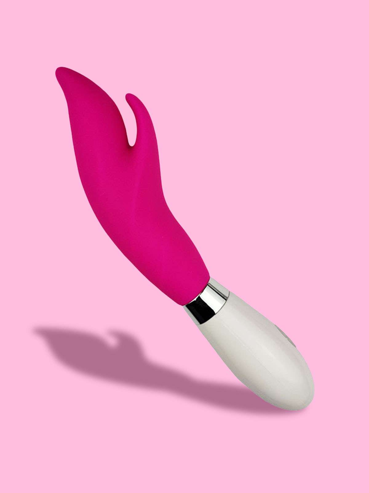 Pink and white dual motor rabbit vibrator with ergonomic G-spot curve
