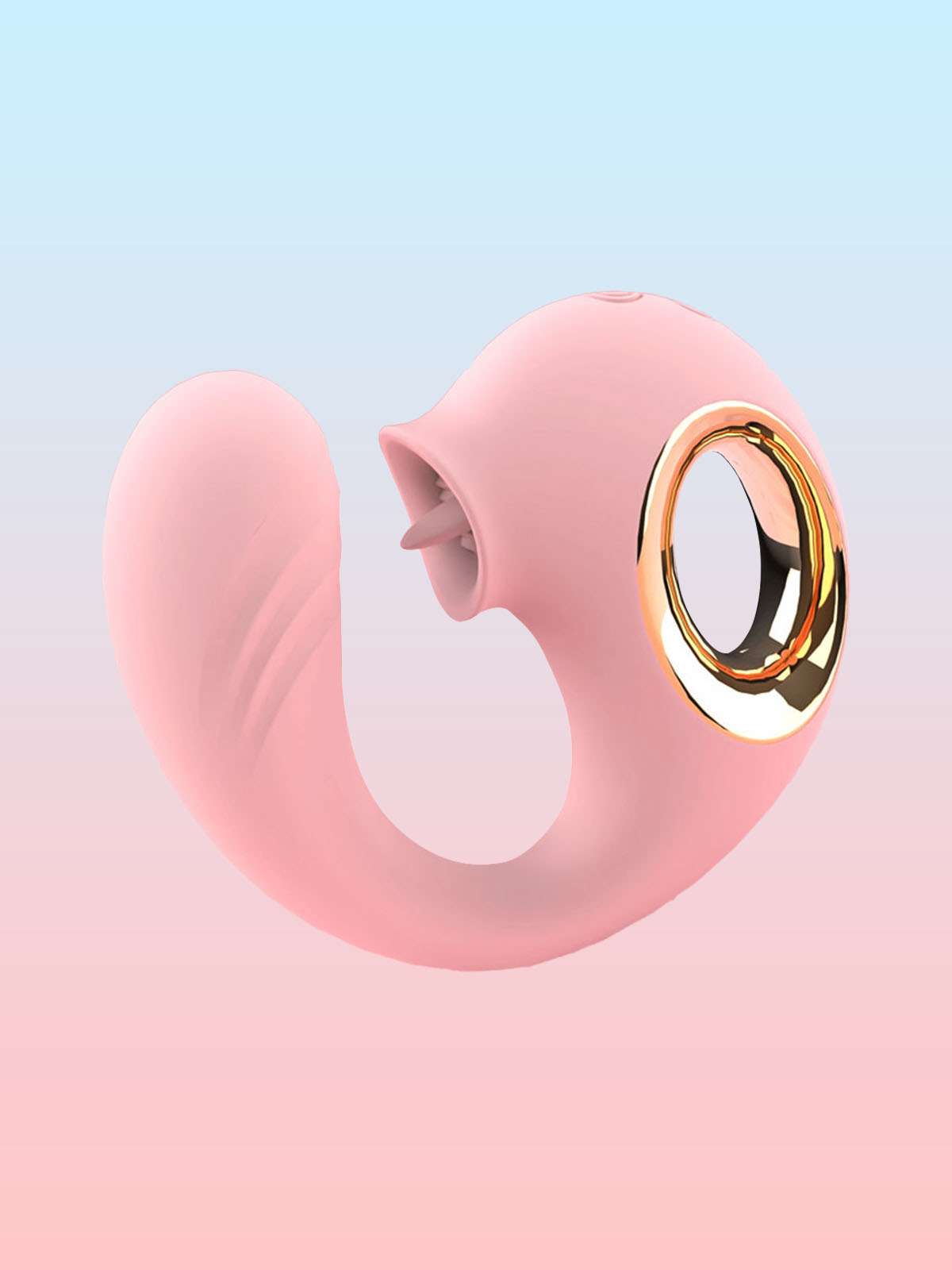 Lovenjoy C-Curve Rhythmic Lapping Massager in blush pink with gold ring handle.
