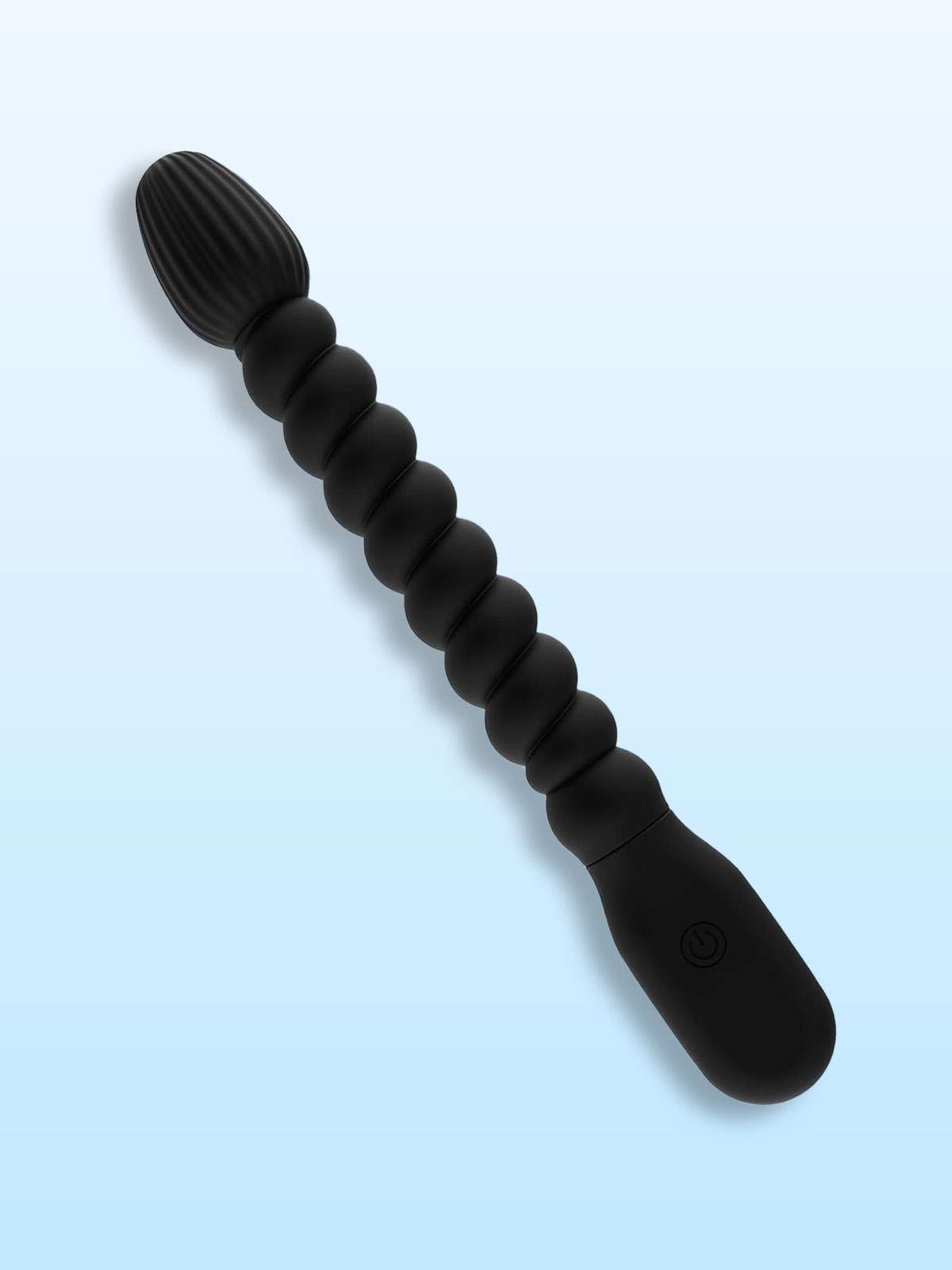 Black beaded wand vibrator sex toy with textured tip and power button.