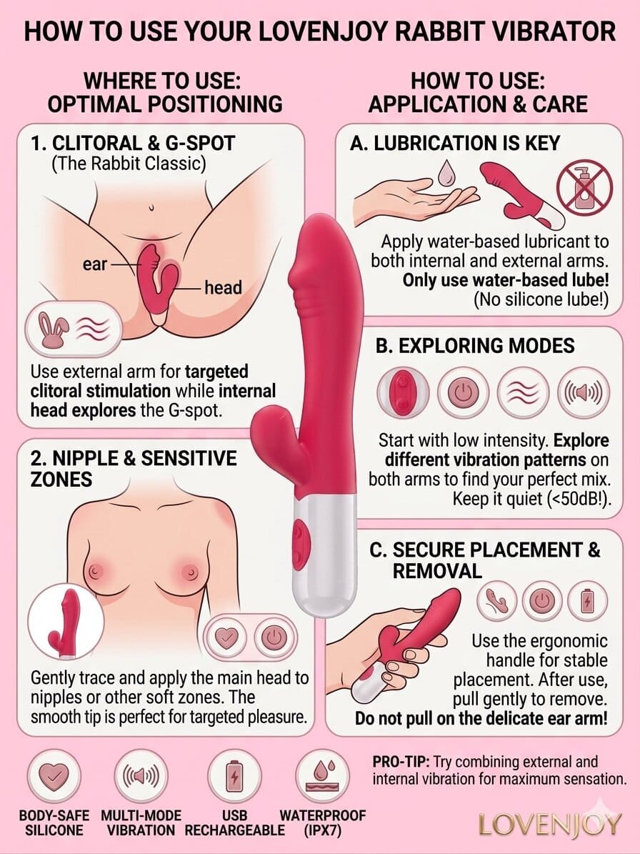 How to use the Lovenjoy Rabbit Vibrator for dual clitoral and G-spot stimulation with water-based lubricant.