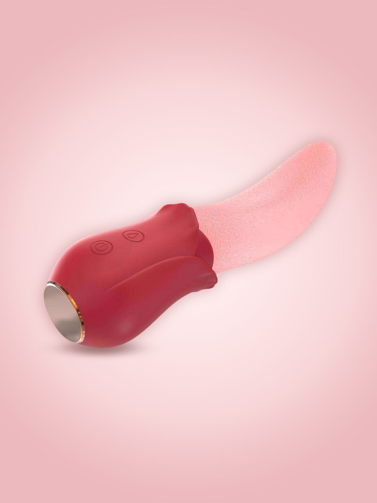Angled close-up of a red rose-shaped licking tongue vibrator with golden accents, featuring a realistic pink textured silicone tongue extension, floating over a gradient pink background.