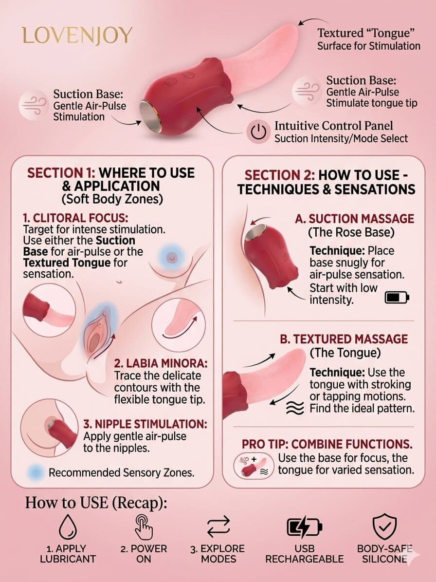 A detailed usage guide for the Lovenjoy Rose and Tongue wellness tool. The image highlights sensory zones including clitoral, labia, and nipple stimulation areas. It also illustrates techniques for air-pulse suction massage and textured tongue stroking, emphasizing body-safe silicone and rechargeable features.