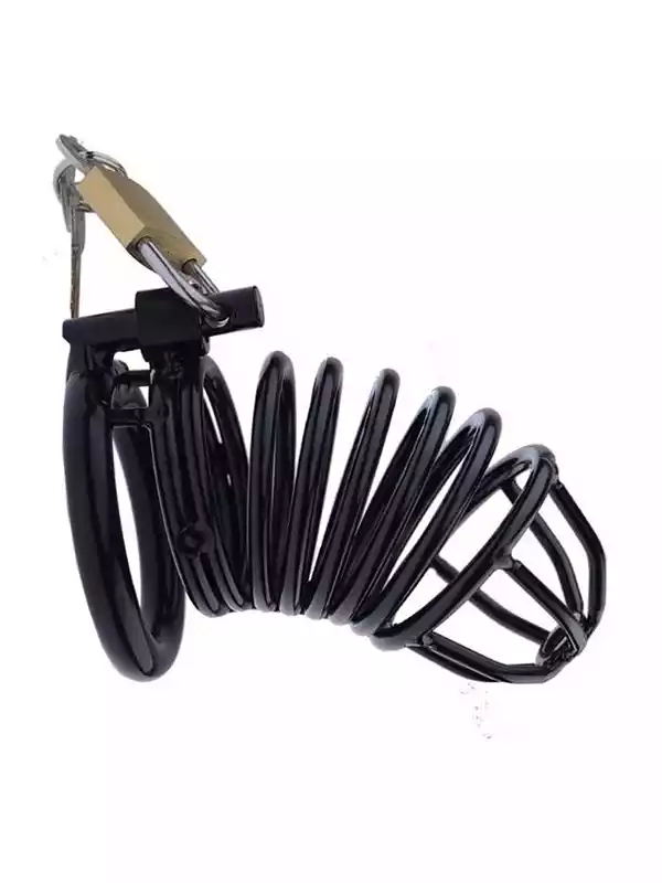 Detailed view of a robust metal male chastity device with a matte black finish, designed for secure locking and long-term wear in BDSM play.