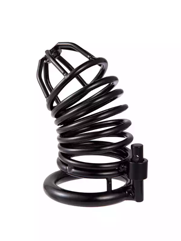 Professional-grade locking male chastity cage made of durable black metal, featuring an ergonomic design and an included padlock for keyholder control