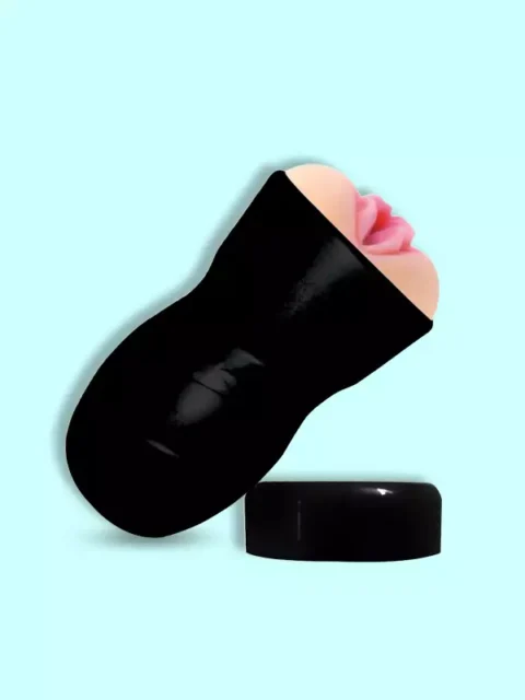 Discreet black male masturbator cup with removable cap and realistic pink textured opening